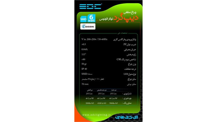 مشخصات فنی پنل سقفی توکار 6 وات EDC